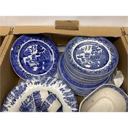 Large collection of blue and white ceramics, to include Spode Italian pattern with blue mark, Wood and Sons Yuan, pickle dish, Delft style etc, dinner plates, tea wares, bowls etc in six boxes