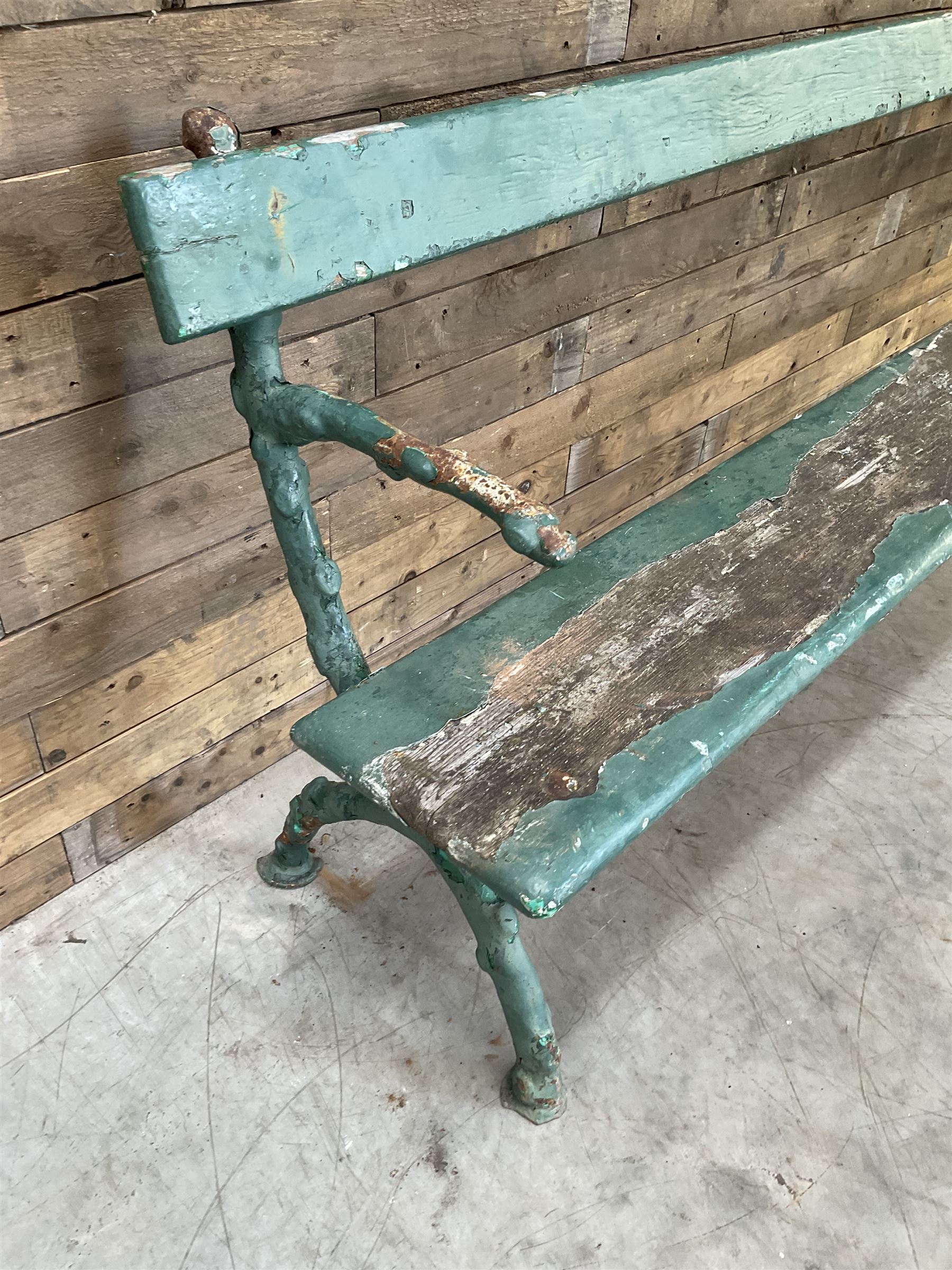 Early 20th century cast iron framed faux bois garden bench, timber seat and back rest