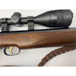 Weihrauch HW95 .177 air rifle with break barrel action, adjustable trigger and sound moderator, fitted with Hawke Panorama EV 4-12 x 50 telescopic sight with range estimator, braided leather sling and gun sleeve with pellets, serial no.1855914 L115.5cm