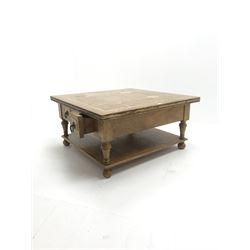 Teak and tile inset square coffee table, six drawers, baluster supports joined by undertier 