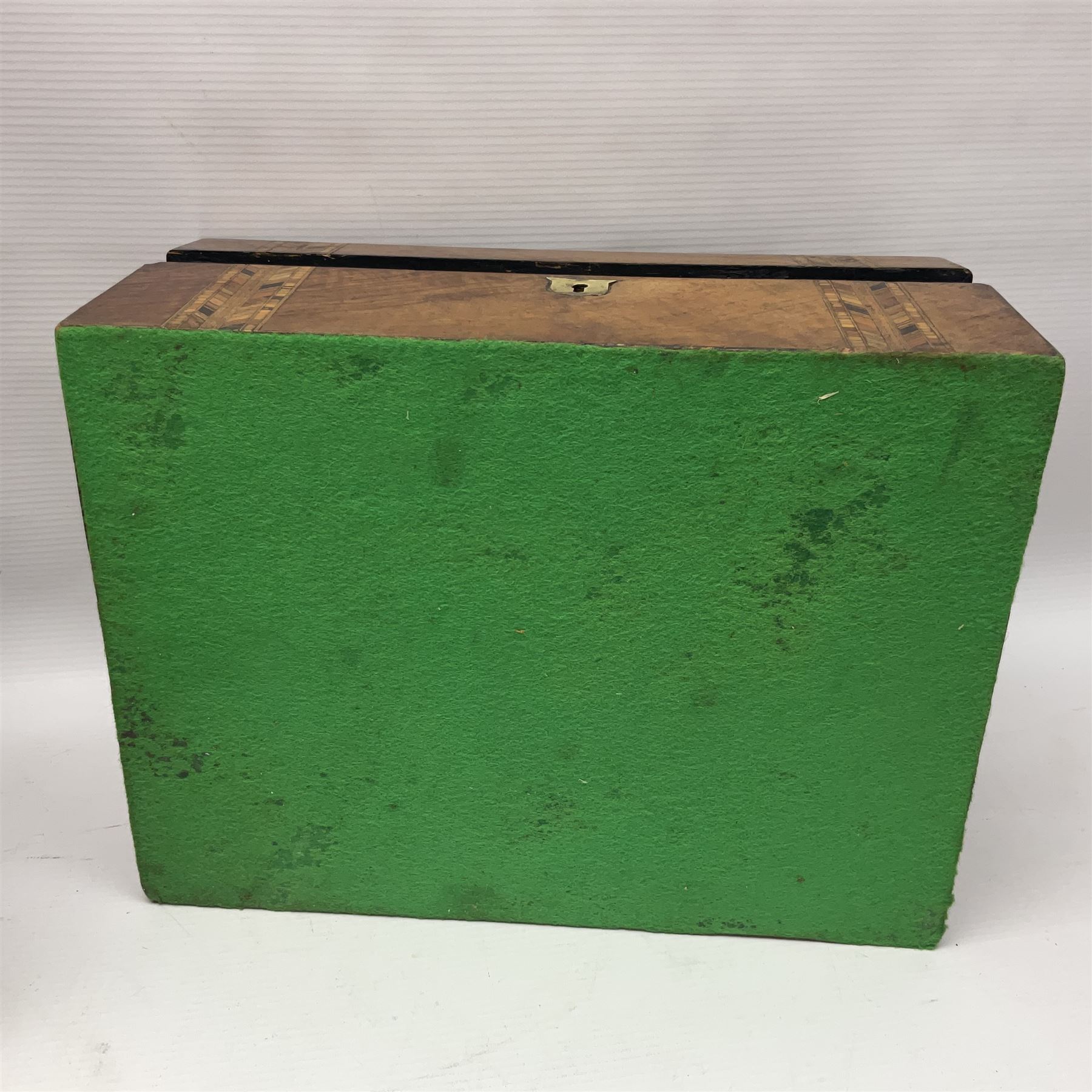 Victorian walnut and parquetry banded work box with brass shield and escutcheon, L30cm, together with mahogany writing slope with green baize writing surface, L35cm