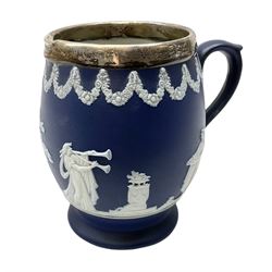 Adams Tunstall blue Jasperware jug with silver collar, hallmarked, H14cm