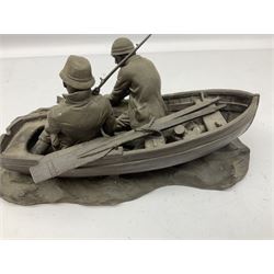 Bronzed resin sculpture, salmon anglers in mayfly boat, after Roland Chadwick signed, H21cm