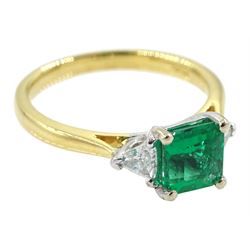 18ct gold three stone fine square cut emerald and trillion cut diamond ring, hallmarked, emerald approx 0.75 carat