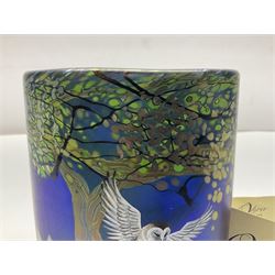 Okra limited edition glass vase, Night Owl, no 19/50, designed by Terri-Louise Colledge, of oval form, painted with a barn owl taking flight amongst leafy branches, upon an iridescent blue ground, etched marks and dated 2002 beneath, with limited edition certificate, H16.8cm, unboxed 