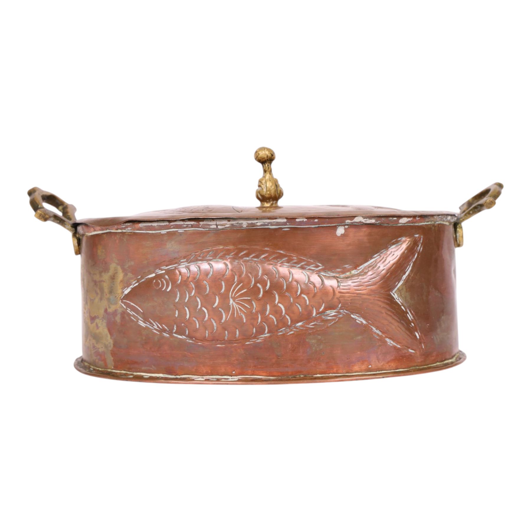 Copper twined handled poaching dish, decorated with fish to the sides and lid, H16cm