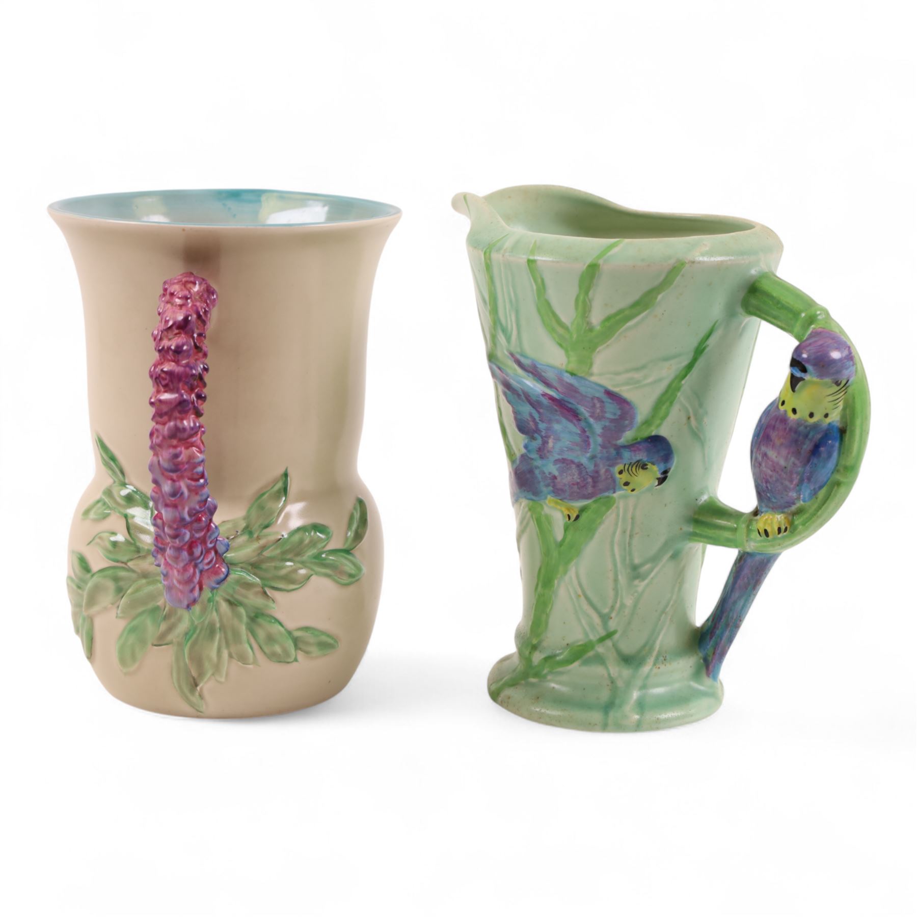 Clarice Cliff My Garden pattern jug, Burleigh Ware budgie jug and a pair of Baron of Barnstaple vases, tallest H19cm