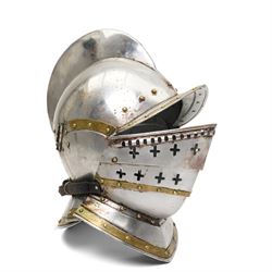 Victorian Royal Artillery officers sword with owners crest and initials, blade length 89cm and a copy of a mediaeval helmet