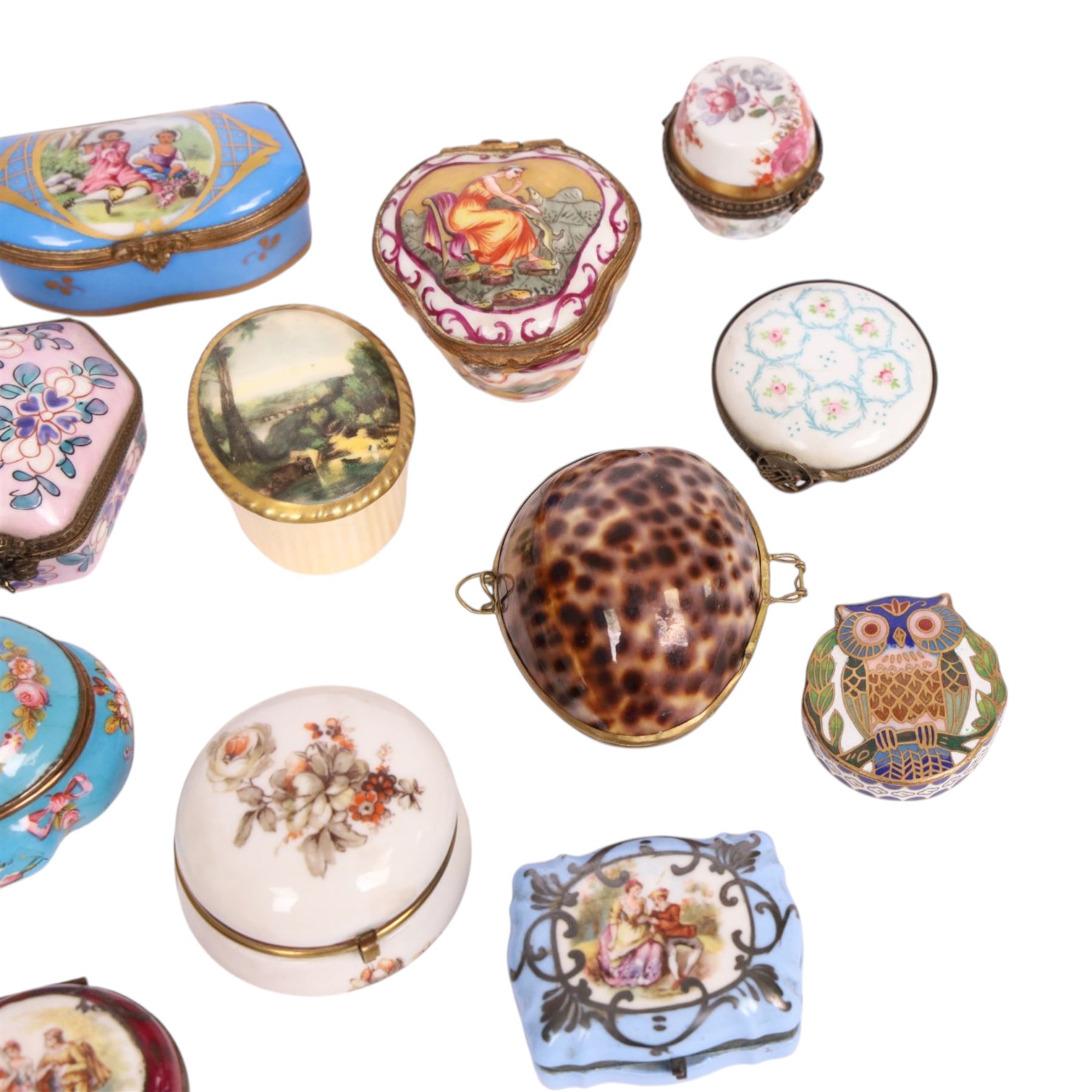 Large collection of 19th century and later pill boxes, including examples by Limoges, Veuve Perrin, Capodimonten etc 
  