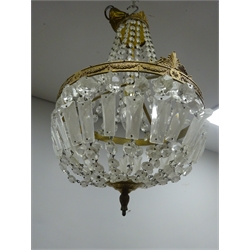  Pair gilt metal bag chandeliers with faceted glass drops, D30cm  