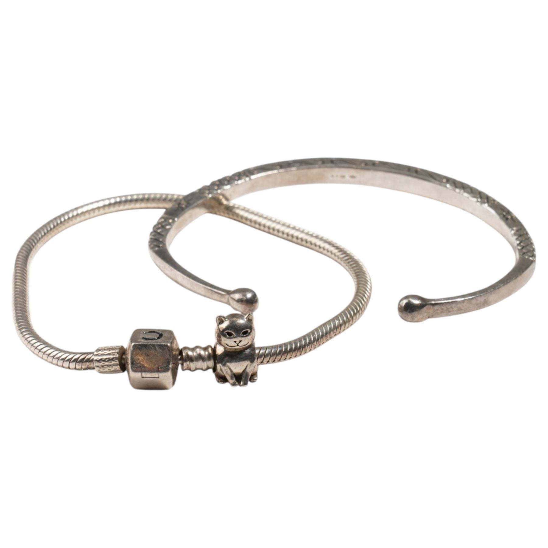Silver torque bangle and a silver Chamilla charm bracelet 