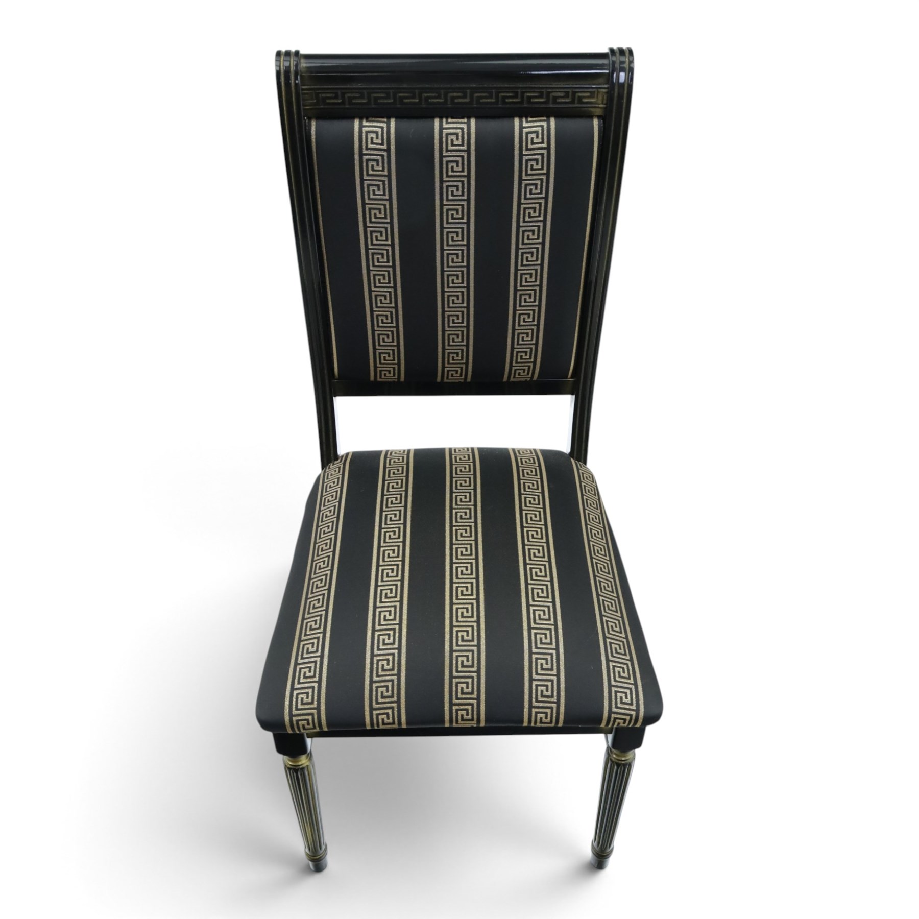 Italian Neoclassical inspired ebonised gloss dining table with four matching chairs,  circular top with additional leaf (Extends to  145cm) with Greek key banding, on a shaped pedestal base with gilt highlights and stepped plinth, the chairs en suite with padded back and seat with Greek key, reeded front supports