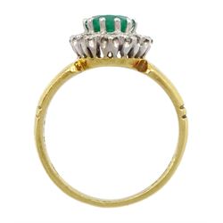 18ct gold oval emerald and round brilliant cut diamond cluster ring, London 1979