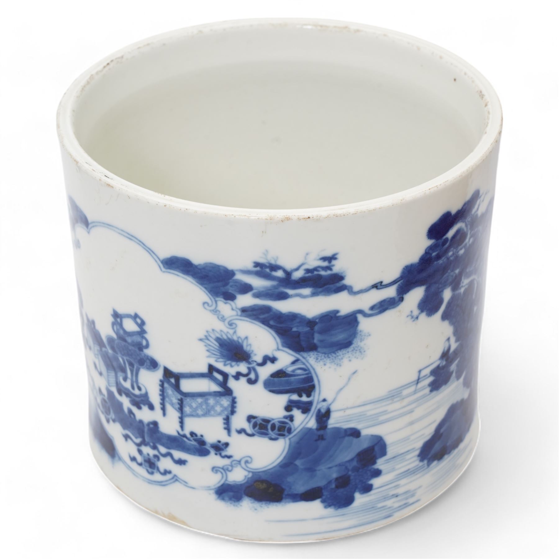 18th/ 19th century Chinese porcelain blue and white bitong or brush pot, of slightly tapering cylindrical form decorated with cartouches of treasured items and figures in a landscape scene, with eight character Kangxi marks beneath, H17cm x D19.5cm 