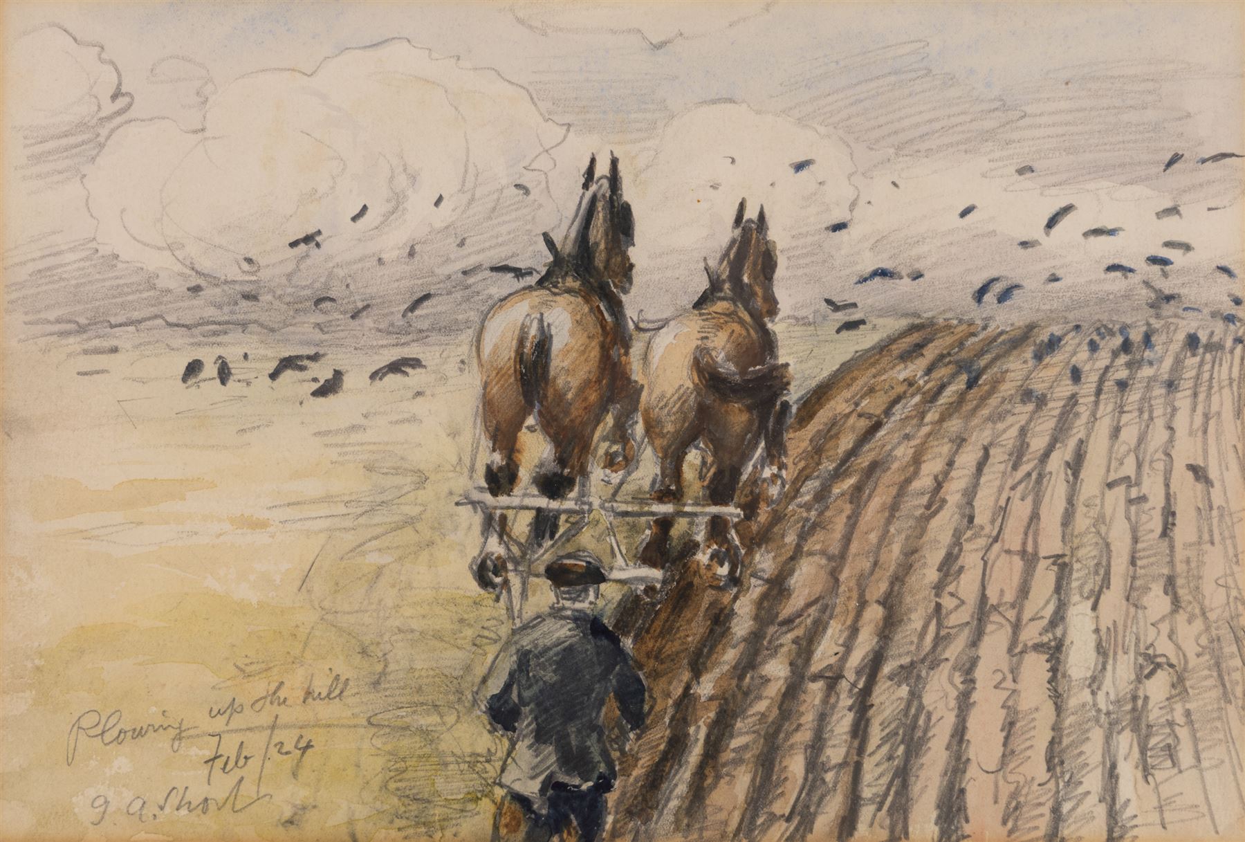 George Anderson Short (British 1856-1945): 'Plowing Up The Hill', mixed media signed titled and dated Feb '24, 18cm x 27cm