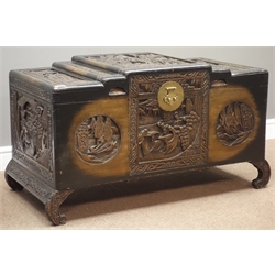  20th century heavily carved chest with camphor lining, W109cm, H60cm, D56cm  