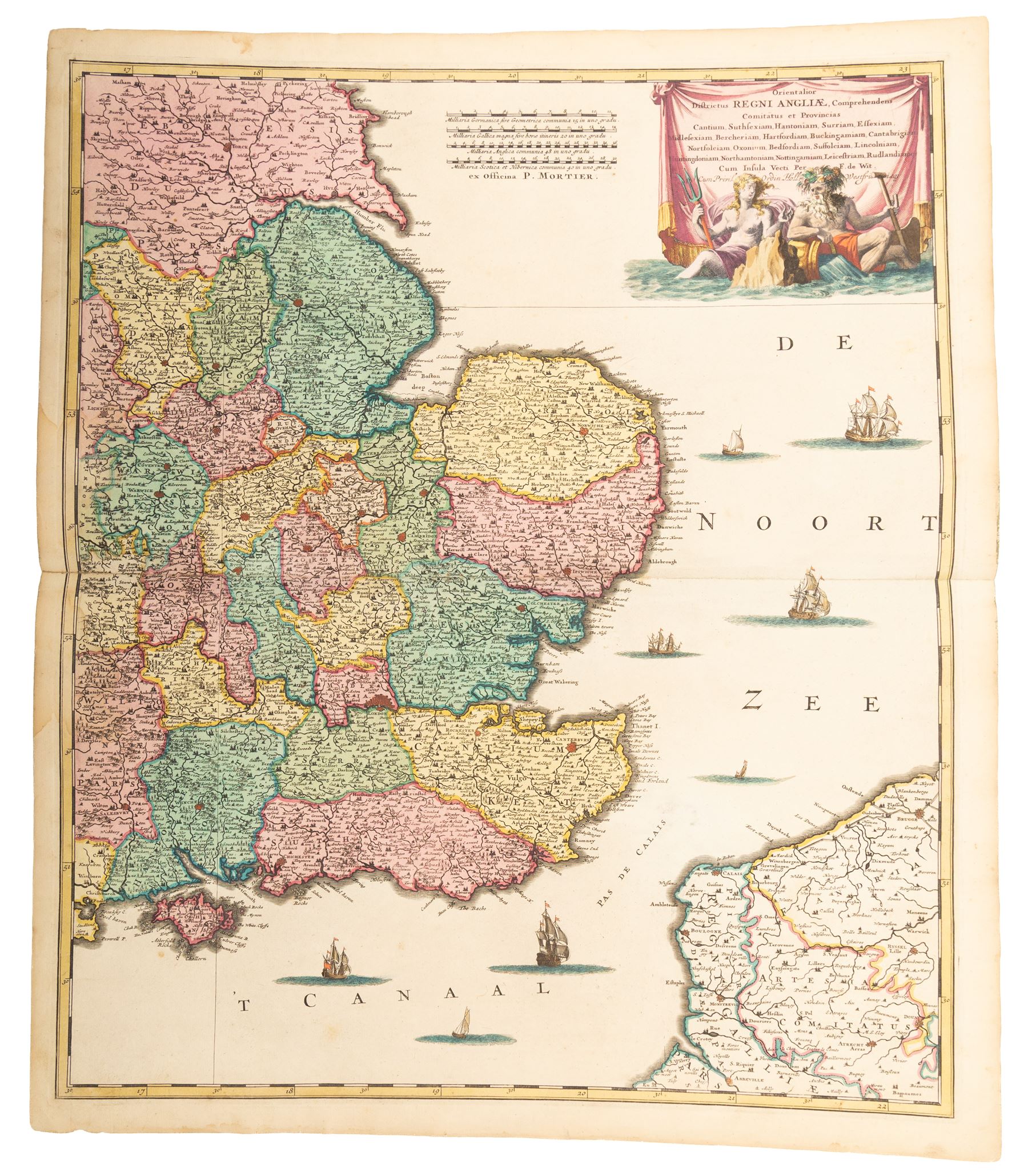 Frederik De Wit (Dutch 1629-1706): 'Occidentalior' & 'Orientalior' 'Regni Angliae' (Southeast & Southwest England), rare complete pair of 17th century engraved maps with hand-colouring pub. c.1685 with margins, 62cm x 53cm (2) (unframed)