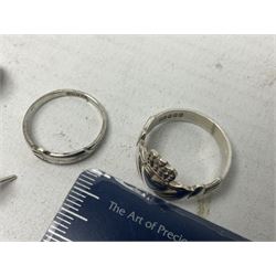 Silver mother of pearl handled fruit knife, silver jewellery including masonic pendant necklace, shell pendant, coin ring, Claddagh ring and charms etc, and a collection of ingots