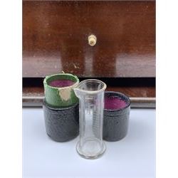 19th century mahogany travelling apothecary cabinet, with recessed brass carry handle to top, and two deep-section hinged doors to the front opening to reveal a fitted interior with clear glass bottles and two drawers, H27cm