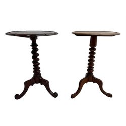 Victorian mahogany tripod table, shaped dished top on spiral turned column, three splayed supports (D49cm, H68cm); together with a Victorian mahogany tripod table with circular top (D47cm, H68cm)
