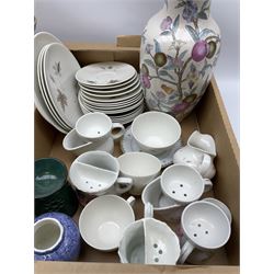 Group of ceramics, to include various shaving mugs, Royal Doulton Willow vase, Royal Doulton Tumbling Leaves pattern tea wares, vase decorated with fruiting and blossoming vines, etc., in two boxes 