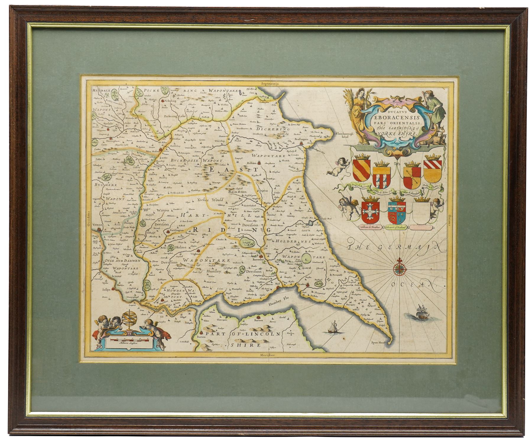 Johannes (Joan) Blaeu (Dutch 1596-1673): 'Ducatus Eboracensis Pars Orientalis - the Eastriding of Yorkeshire (East Riding of Yorkshire)', 17th century engraved map with hand-colouring 39cm x 51cm
