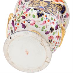 Derby twin handled campagna urn, decorated with flowers and cobalt panels highlighted in gilt, together with a smaller example with similar decoration, tallest H20cm