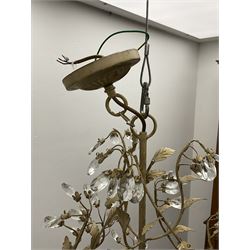 Laura Ashley - pair of eight branch metal chandeliers, decorated with trailing leafy branches and glass pendants, in ochre paint finish - ex-display/bankruptcy stock 