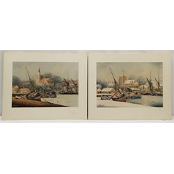Jack Rigg (British 1927-): 'New Year's Day Blackwater Maldon Essex', six colour prints signed in pencil 28cm x 40cm (6) (unframed) 
Notes: Rigg initially painted this as a summer view in 1986, but was commissioned by the Royal National Mission to Deep Sea Fishermen in 1988 to paint a Christmas card design and so altered the picture to a snow scene. Two of these prints show the summer view, the other four the winter view.