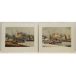 Jack Rigg (British 1927-): 'New Year's Day Blackwater Maldon Essex', six colour prints signed in pencil 28cm x 40cm (6) (unframed) 
Notes: Rigg initially painted this as a summer view in 1986, but was commissioned by the Royal National Mission to Deep Sea Fishermen in 1988 to paint a Christmas card design and so altered the picture to a snow scene. Two of these prints show the summer view, the other four the winter view.