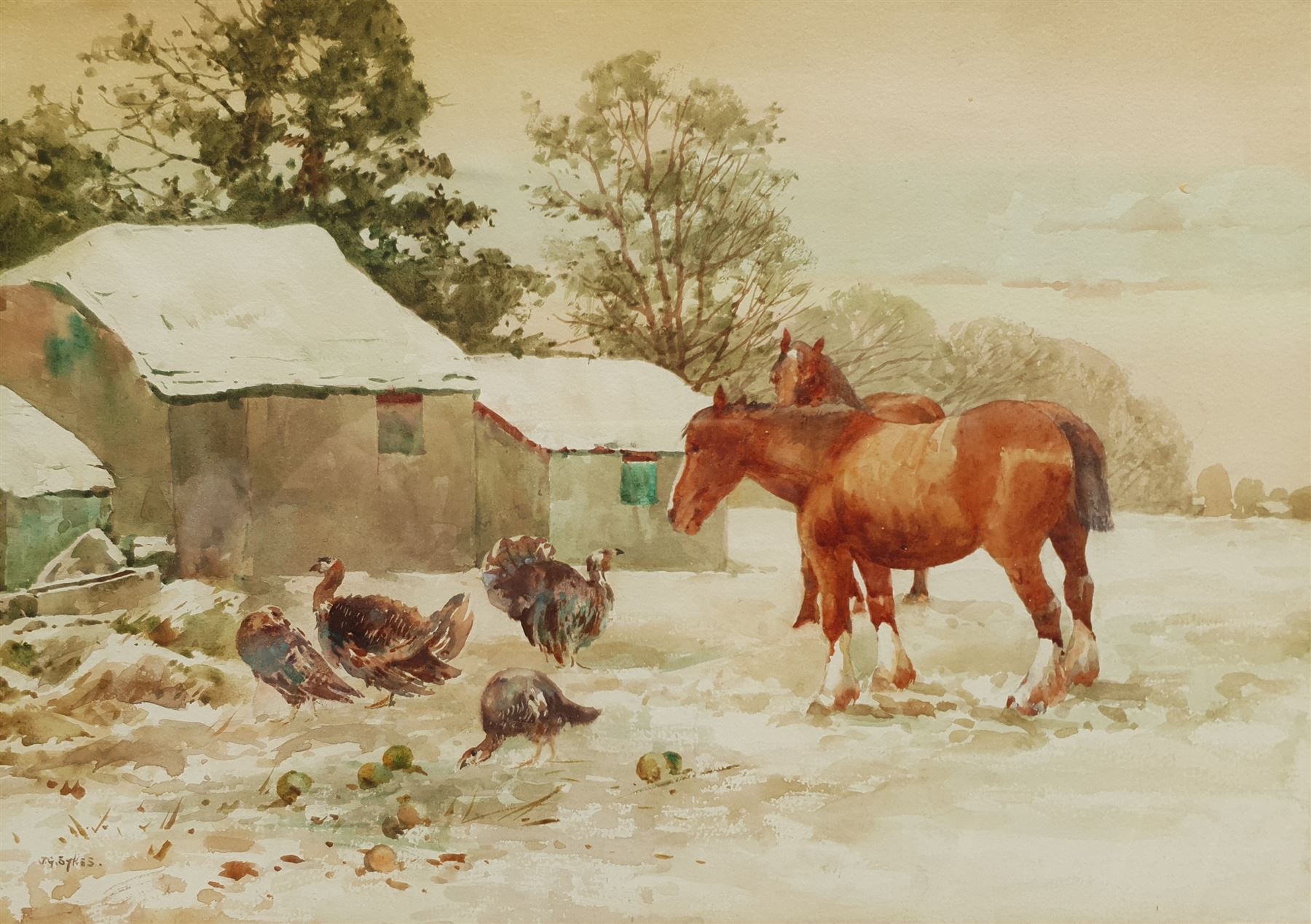 John Guttridge Sykes (British 1866-1941): Horses and Turkeys in a Snowy Farmyard, watercolour signed 25cm x 34cm