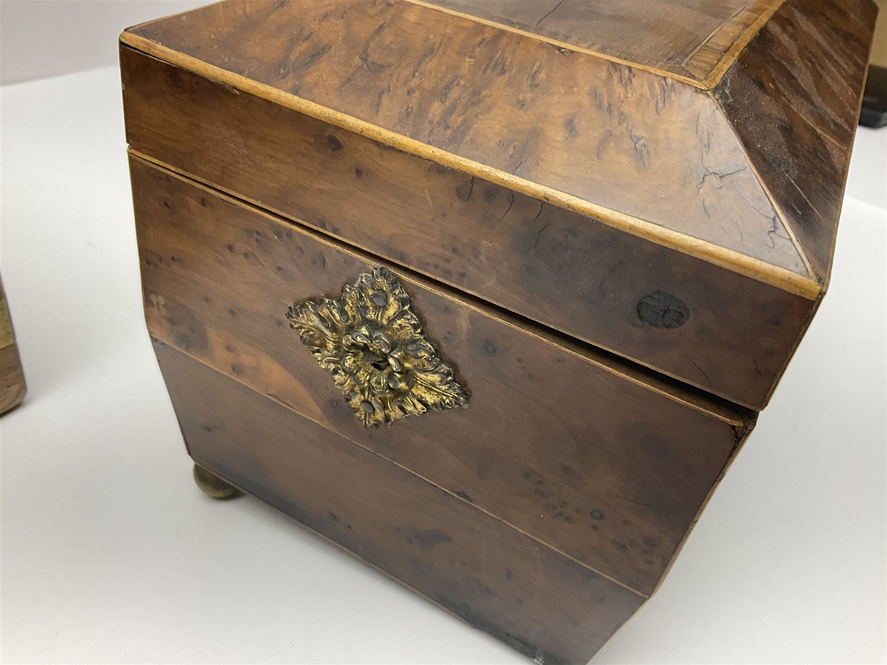 19th century burr yew wood tea caddy, of sarcophagus form, with strung details and brass mounts, the interior split into three compartments, upon four brass bun feet, together with an oak and brass bound writing slope, with red leather interior with gilt detailing, largest H16cm, W40cm