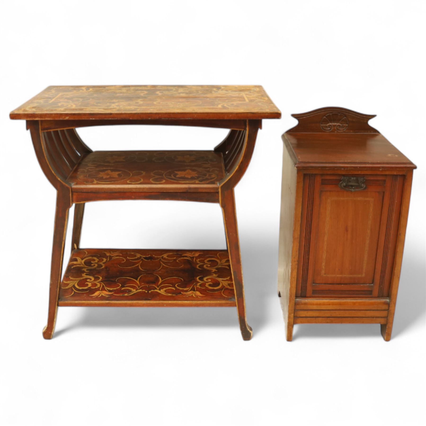 19th century mahogany coal scuttle, shaped raised back carved with shell fan motif, swing front enclosing original removable metal liner with handle, panelled front with cast drop handle, over slatted undertier (H 65cm, W 33cm, D 34cm)
Early 20th century mahogany magazine table, rectangular top and undertier decorated with gilt foliate and scroll marquetry, shaped pierced side rails forming magazine divisions, on square tapering supports (H 70cm, W 71cm, D 45cm)