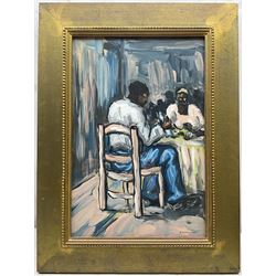 African Impressionist School (Late 20th Century): Figures in a Cafe, oil on board indistinctly signed and dated '96, 37cm x 25cm 