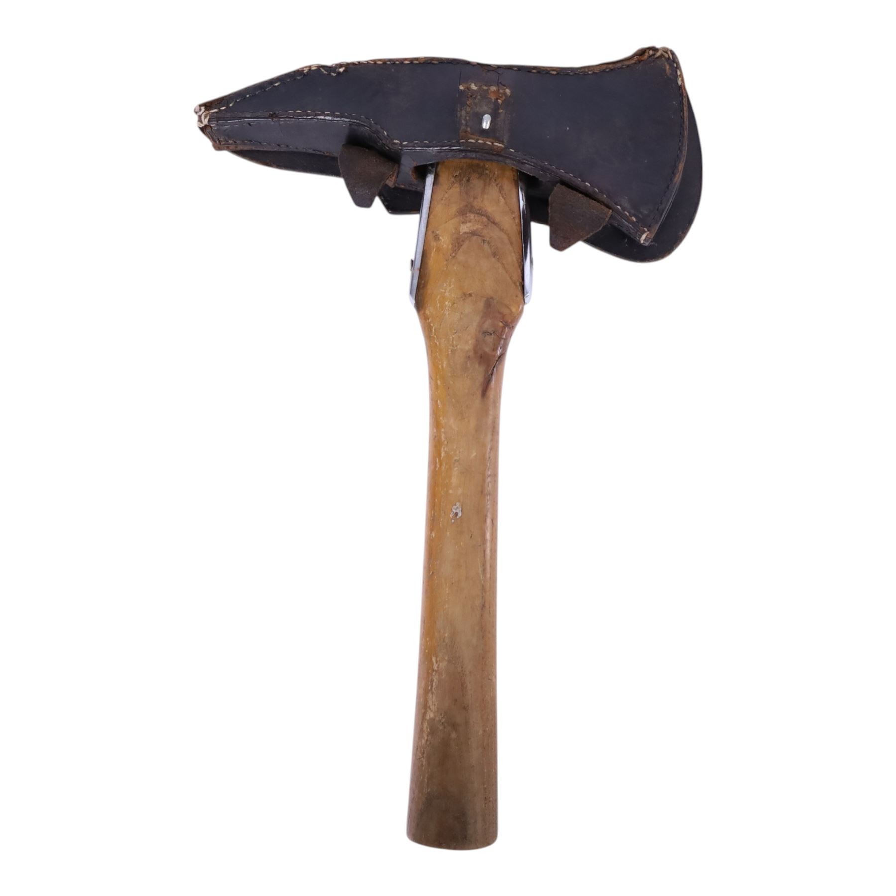 German Fire Service Presentation Axe, the chromed steel head stamped ''Fur 40 Jahre treue Dienste Frw.Feuerwehr Upen'', with ash handle and leather sheath, H38cm 