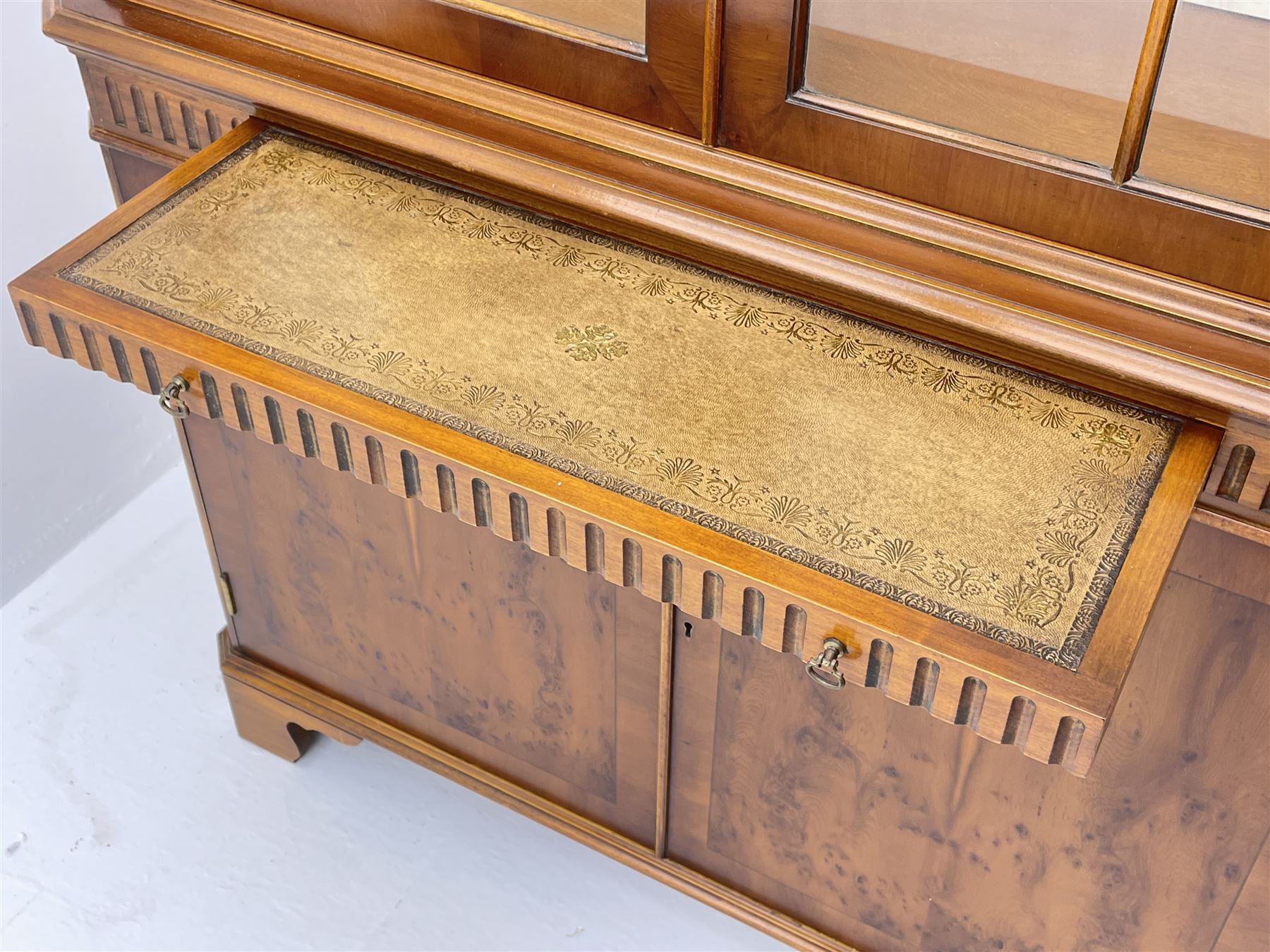 Bevan Funnell Reprodux yew wood display cabinet with illuminated interior
