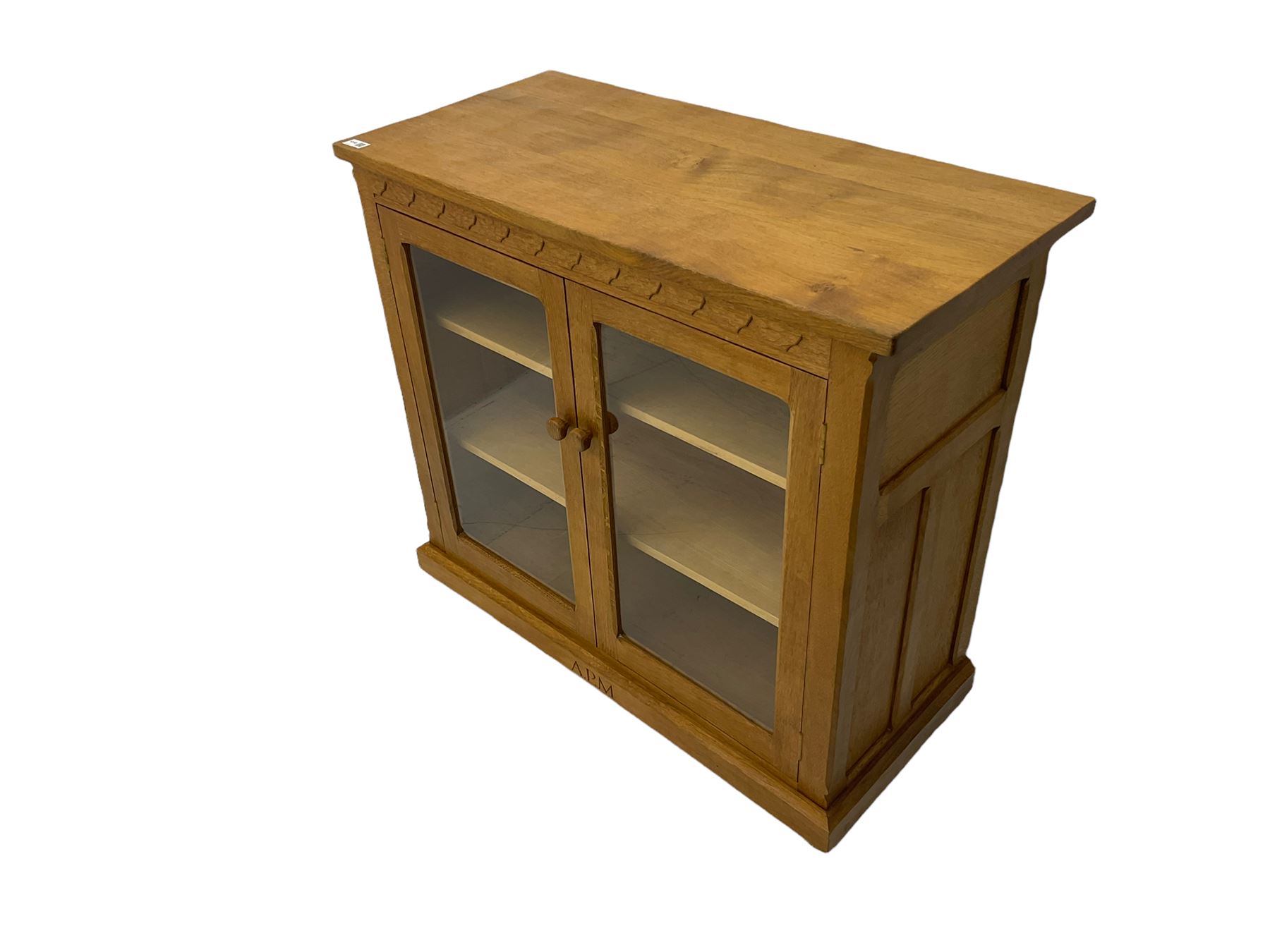 Catman - Yorkshire oak side cabinet, fitted with two glass doors, carved inset Cat signature, by Chris Checksfield of Whitby (Ex Gnomeman)