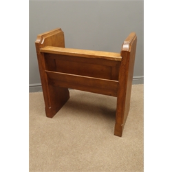  'Mouseman' Classic monks bench, solid side supports with moulding detail, adazed sides, storage trough to the rear, signature mouse running across front edge of the seat, by Robert Thompson of Kilburn, W80cm, H85cm, D47cm  