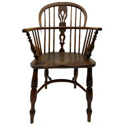 19th century elm and ash Windsor armchair, low hoop and stick back with shaped and pierced splat, turned supports joined by crinoline stretcher 
