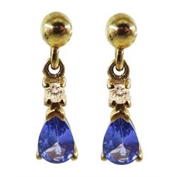 Pair of 9ct gold tanzanite and diamond pendant earrings, hallmarked