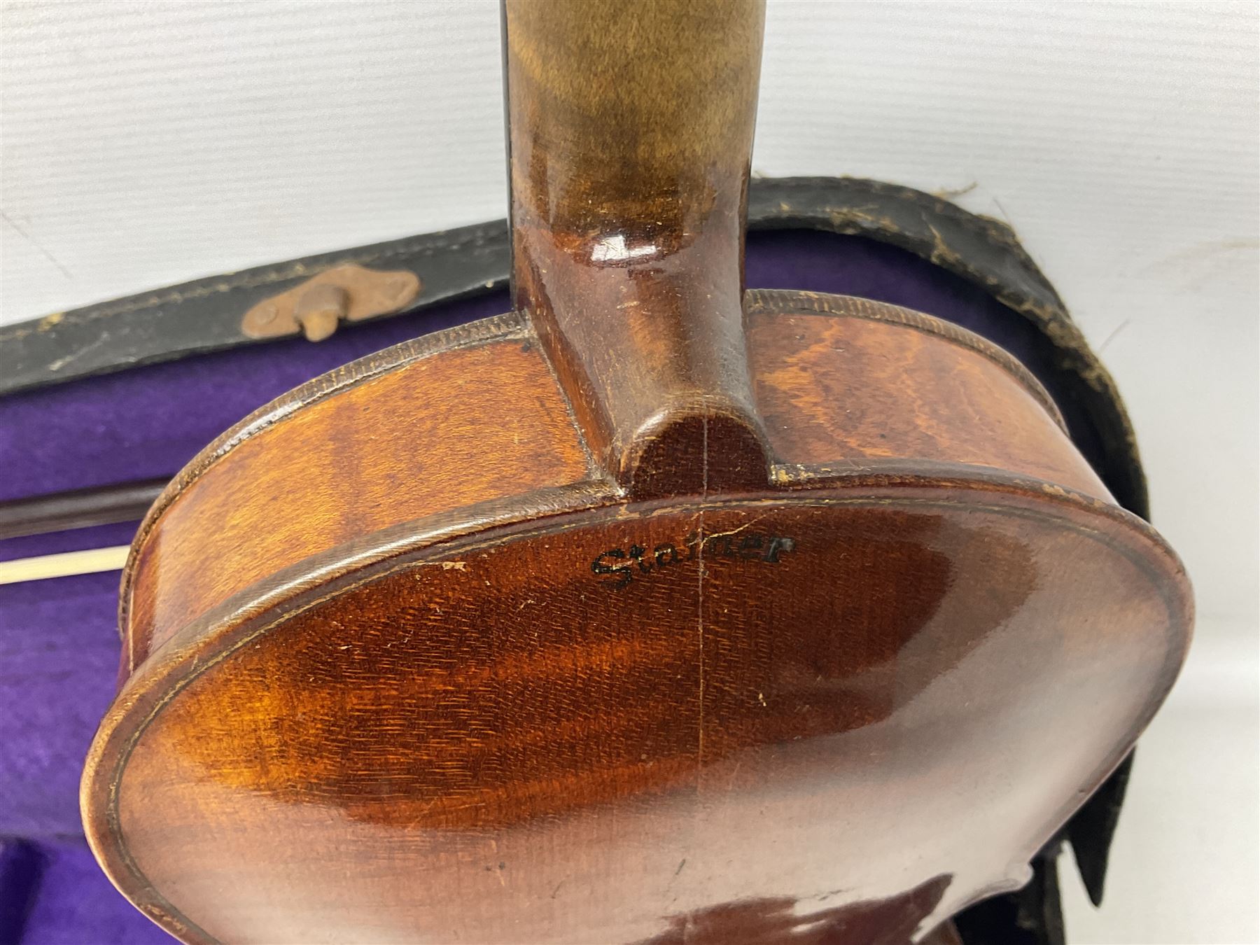 German trade violin c1900 the 36cm two-piece maple back impressed 'Stainer', maple ribs and spruce top, bears label 'Jacobis Stainer in Absam prope Oenipontum 17**' L59cm; in carrying case marked 'The Improved Dome' with bow