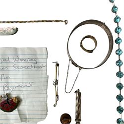 9ct three tone gold bracelet, hallmarked, pair of 9ct gold faux pearl screw back earrings, stamped 9ct, silver jewellery including bracelet, buckle ring and bangle, silver mother of pearl handled fruit knife and a collection of costume jewellery