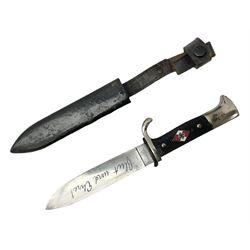 German Hitler Youth dagger the 14cm steel blade by Eickhorn Solingen inscribed Blut und Ehre and marked RZM M 7/66, chequered black grip with inset enamel diamond shaped insignia; in steel scabbard with leather frog L27cm overall
