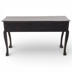 Late 19th century Jacobean revival oak side table, plank top with moulded edge over a central cupboard door and two frieze drawers carved with geometric lozenge motifs and framed by bobbin turned uprights, fitted with brass drop handles, raised on shaped cabriole supports with block feet