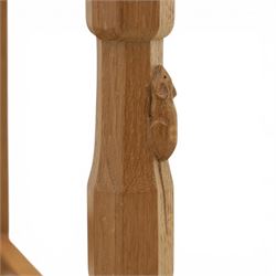 Mouseman - oak armchair high back with fleur de lis motif, red leather padded seat with brass studded trim, with carved mouse signature, by the workshop of Robert Thompson of Kilburn