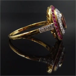  Art Deco style gold ruby and diamond oval ring, with diamond shoulders, stamped 18K  