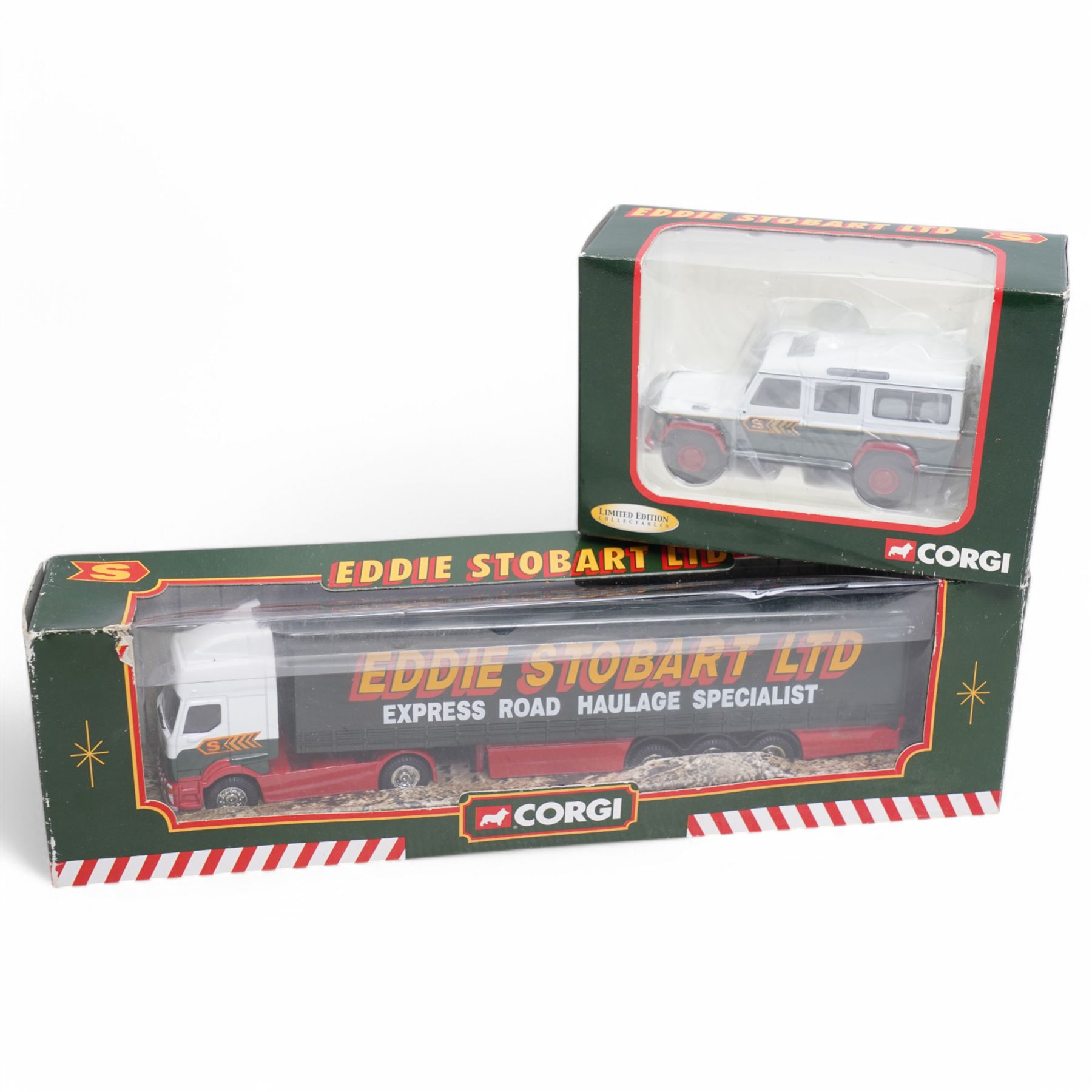 JCB 820 Crawler Exacavator and JCB 430 Articulated Wheeled Loader scaled reproduction models; together with three other diecast model vehicles including Eddie Stobart Land Rover Defender 110 and Morris Minor Van etc (5)