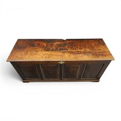 18th century oak coffer, rectangular top with moulded top, four fielded panel front, raised on a moulded plinth base