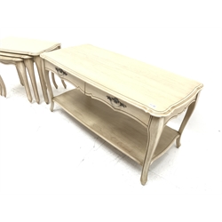 Pierre Fontaine collection light wood coffee table, moulded shaped top, two drawers, cabriole legs joined by solid undertier (W116cm, H55cm, D54cm) and matching nest of three tables (W67cm, H52cm, D44cm)