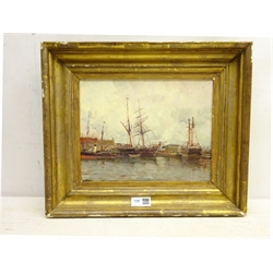  School of EugLouis Boudin (French 1824-1898): Le Harve Harbour, oil on canvas unsigned 20cm x 26cm  